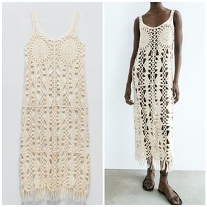 ZARA MACRAMÉ FRINGED KNIT DRESS